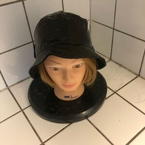 Vandica Sleek Black Rain Hat, shiny faux leather bucket hat. 25” around